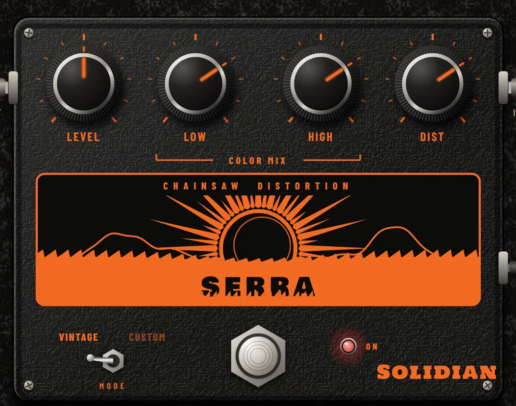 The SERRA pedal: LEVEL, LOW, HIGH and DIST knobs above an orange chainsaw-and-sun panel, VINTAGE/CUSTOM switch and footswitch.